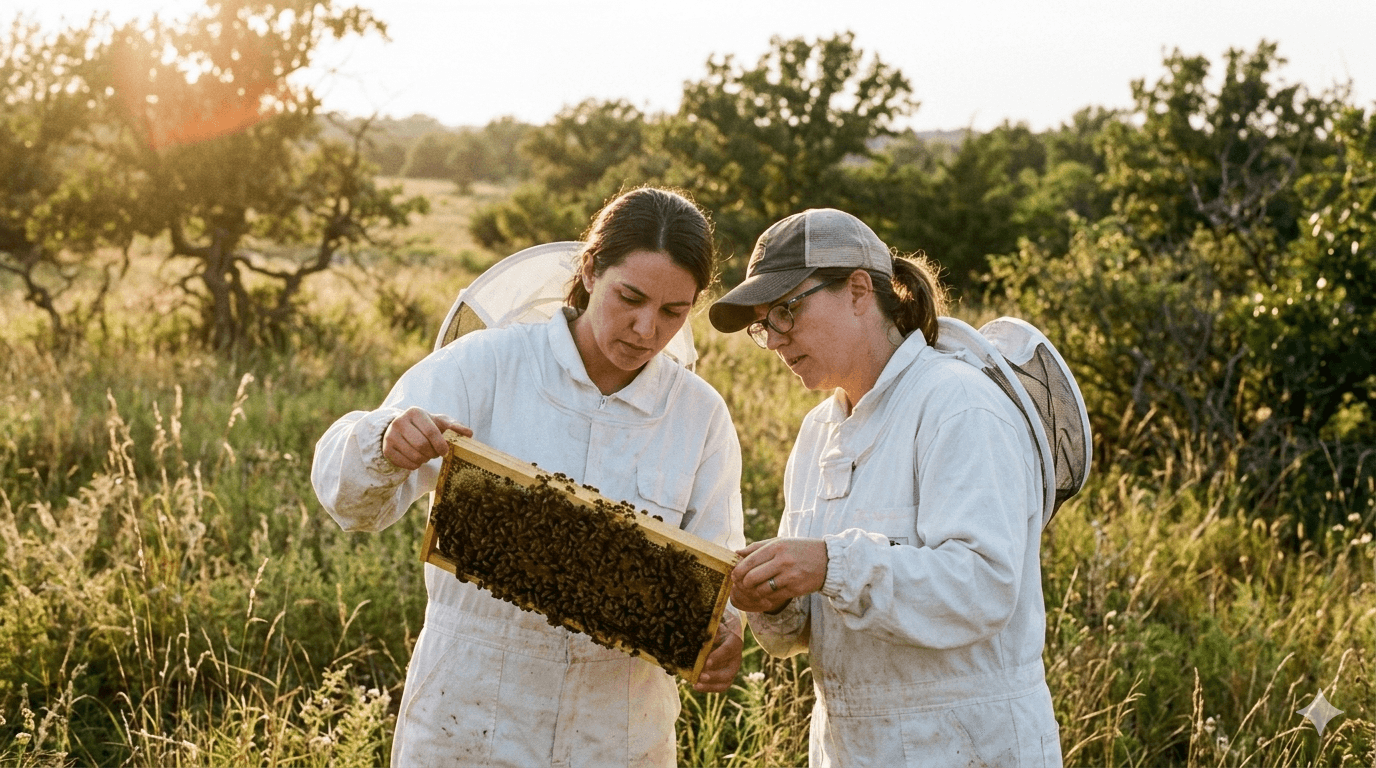 Beekeeper inspecting a frame
