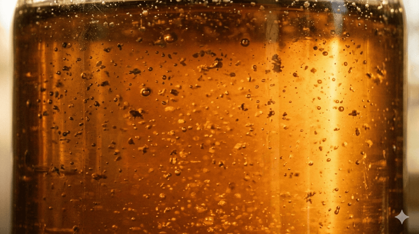 Amber honey jar backlit against a window